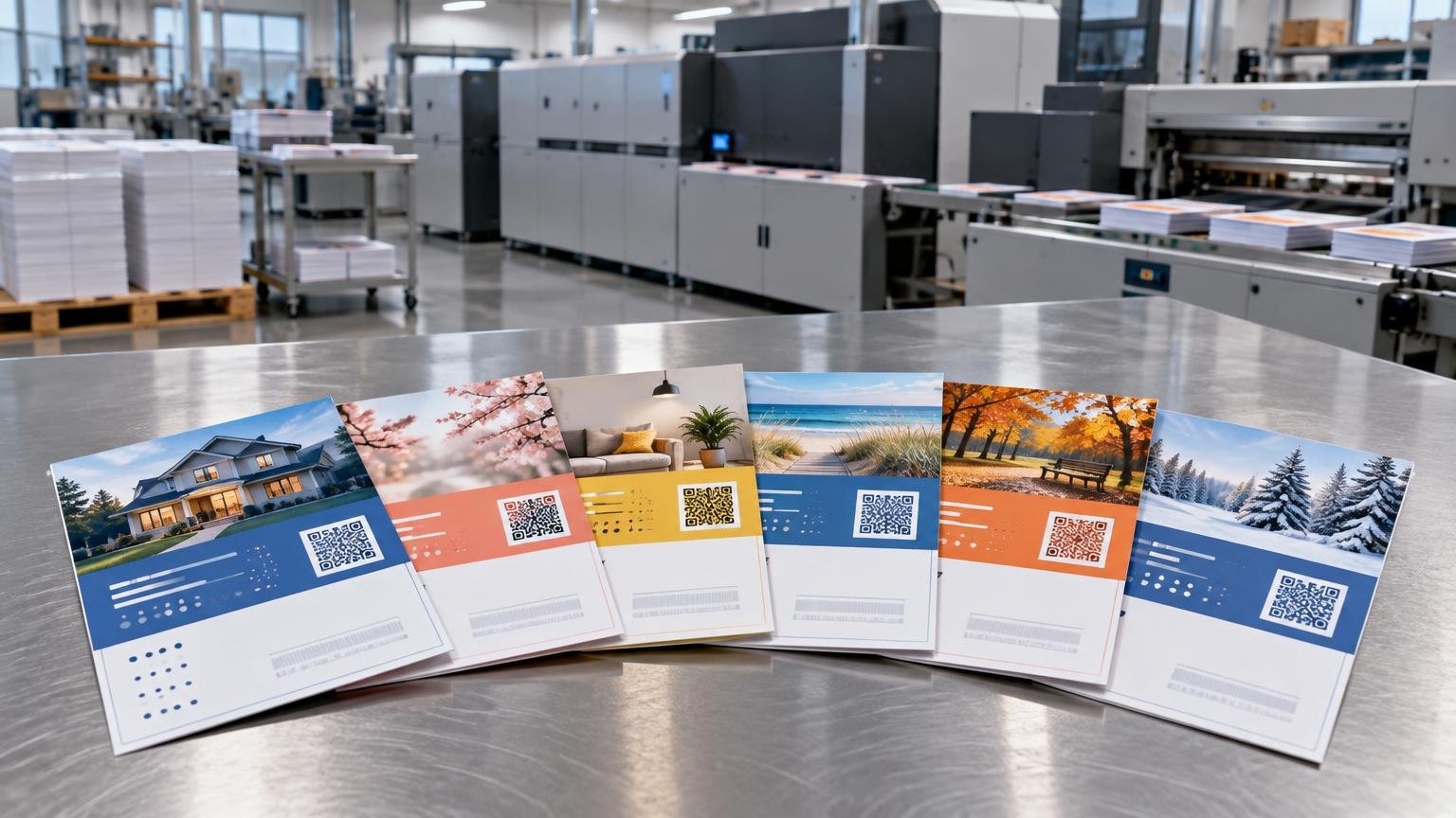 Five colorful direct-mail postcards with seasonal and lifestyle photographs, QR codes, and blurred address areas are spread across a metal worktable in a commercial print shop, with large digital printing and finishing equipment and stacks of printed sheets behind them.
