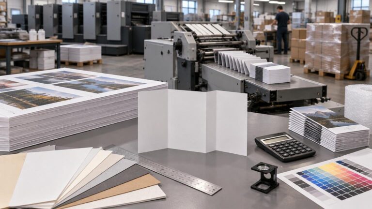 Commercial print shop worktable with paper stocks, color swatch sheet, calculator, ruler, folded sample, printed stacks, and a finishing machine; presses, pallets, and a worker appear in the background.