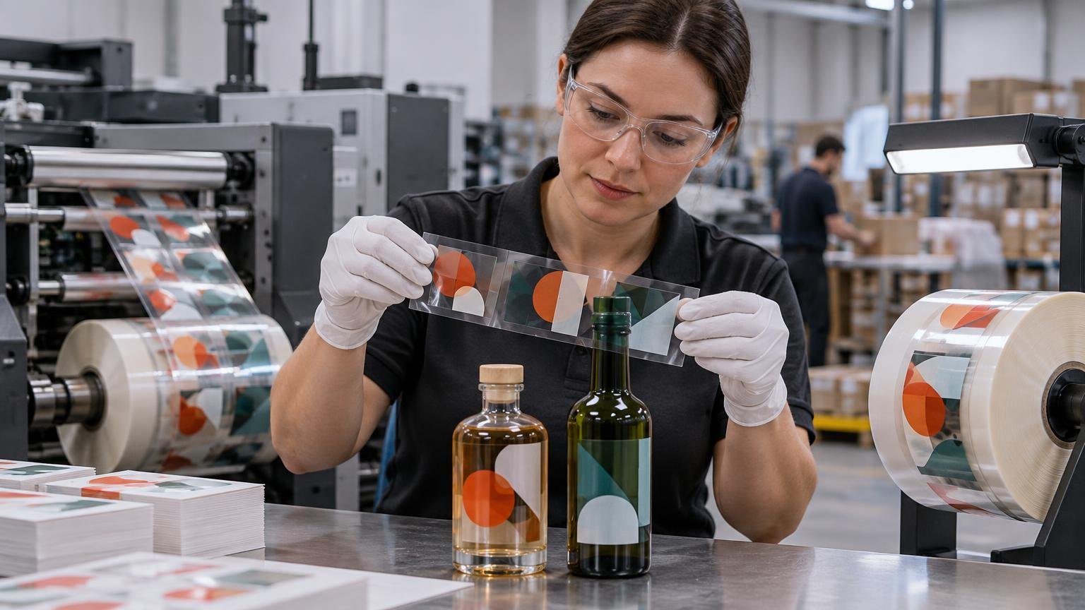 Print-production worker in safety glasses and gloves inspects clear labels with geometric orange, teal, black, and white shapes beside labeled glass bottles and rolls of transparent label stock.