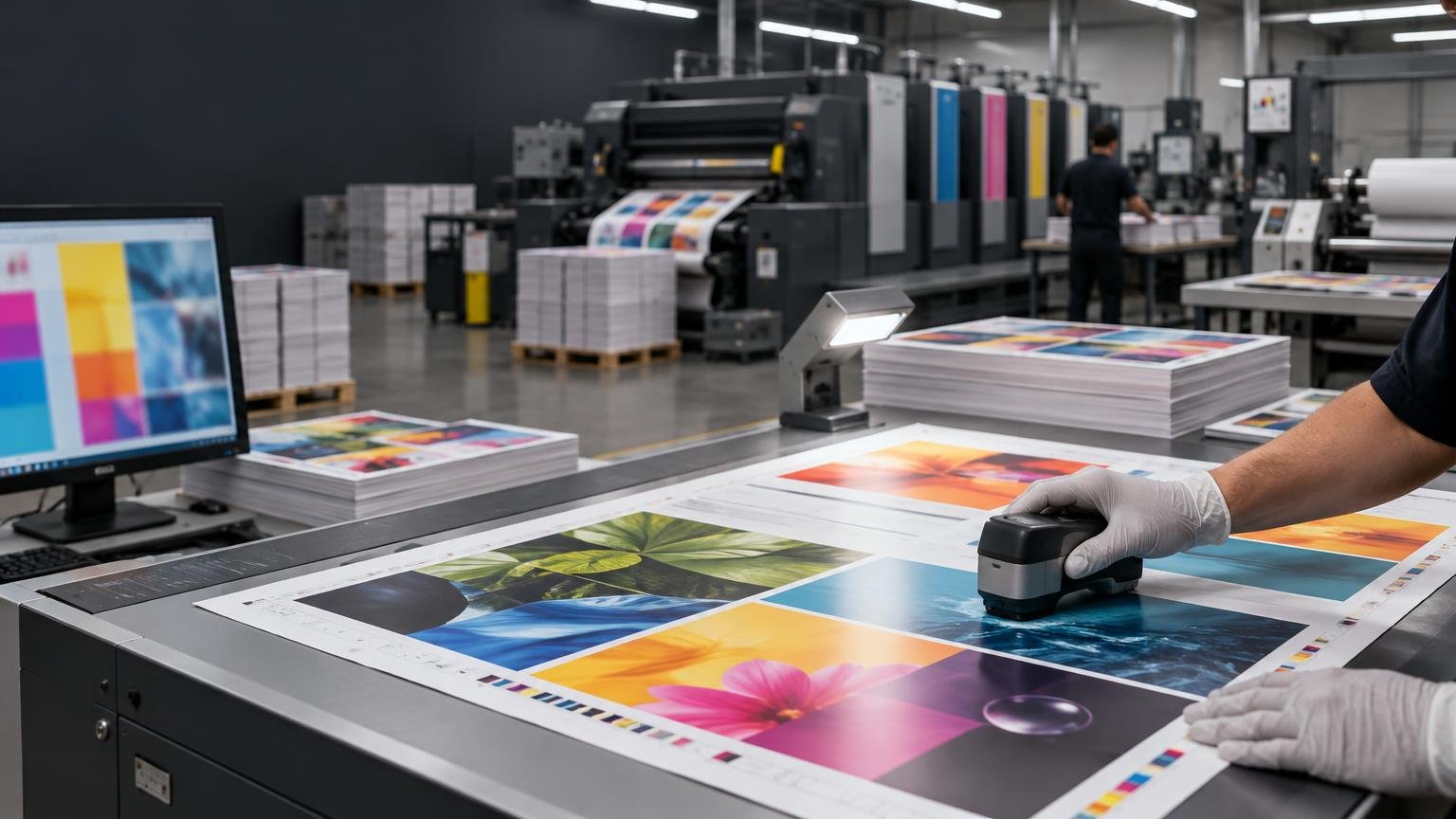 Print-shop worker wearing gloves uses a handheld color-measurement device on a large multicolor proof sheet, with stacks of printed pages, a monitor showing color blocks, and a production press in the background.