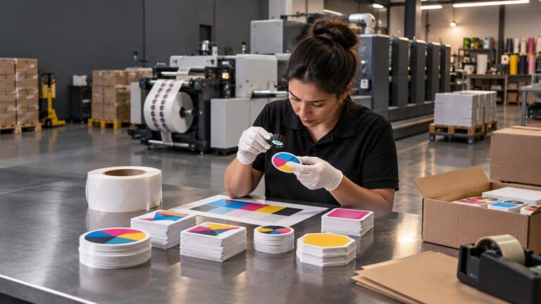 Worker wearing gloves inspects a colorful circular sticker with a magnifier at a print-production table, surrounded by stacks of assorted die-cut stickers, label stock, packaging boxes, and printing equipment.