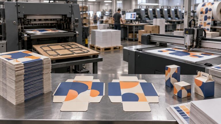 Commercial print finishing floor showing a traditional die-cutting press with a metal cutting die on a board beside a digital flatbed cutter, printed packaging blanks, assembled cartons, and stacks of finished sheets.