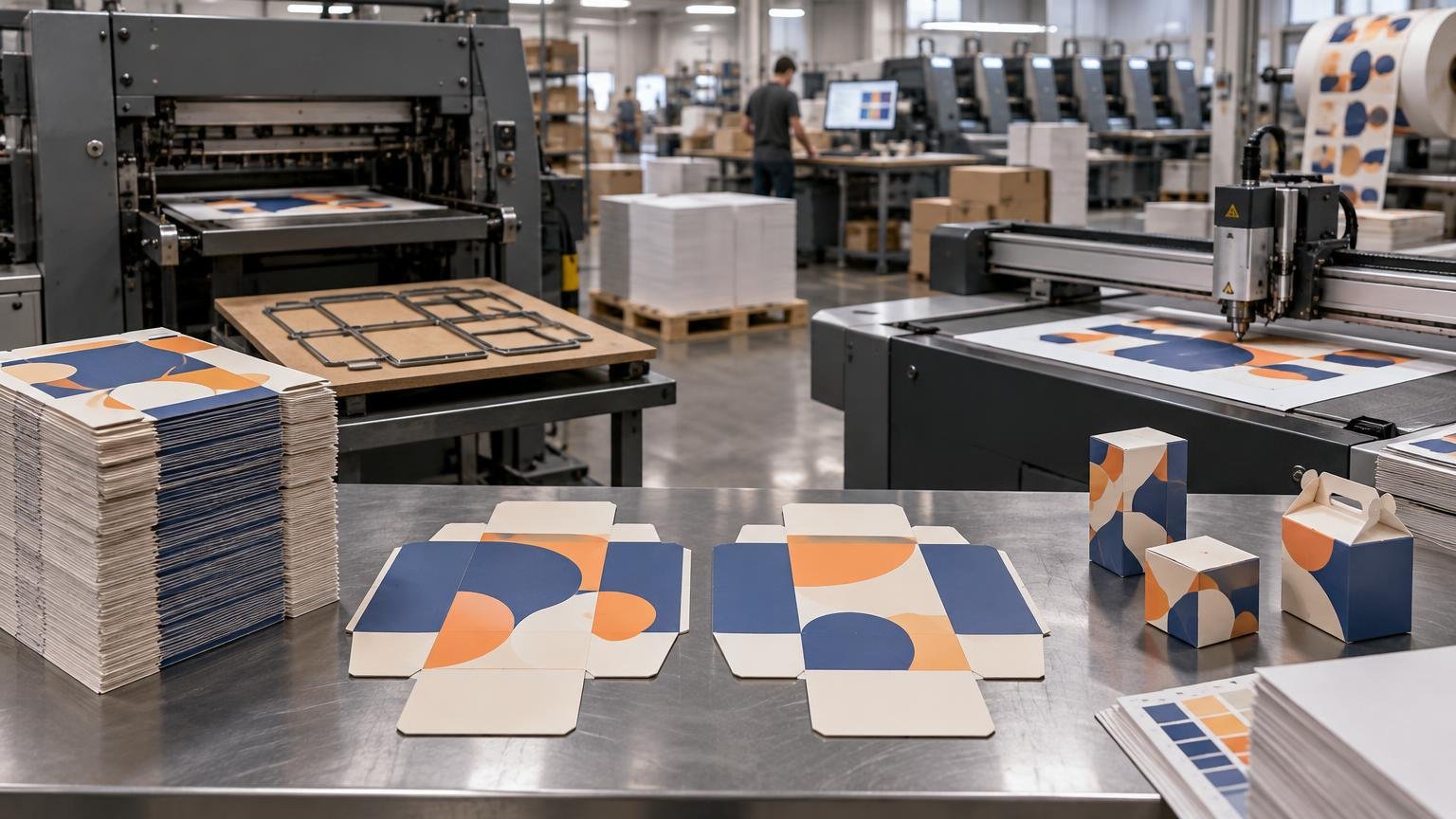 Commercial print finishing floor showing a traditional die-cutting press with a metal cutting die on a board beside a digital flatbed cutter, printed packaging blanks, assembled cartons, and stacks of finished sheets.