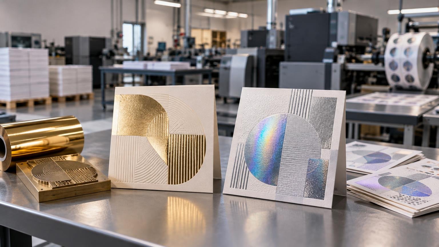 Gold foil roll, engraved brass stamping die, and two embossed foil sample cards displayed on a worktable in a commercial print shop.
