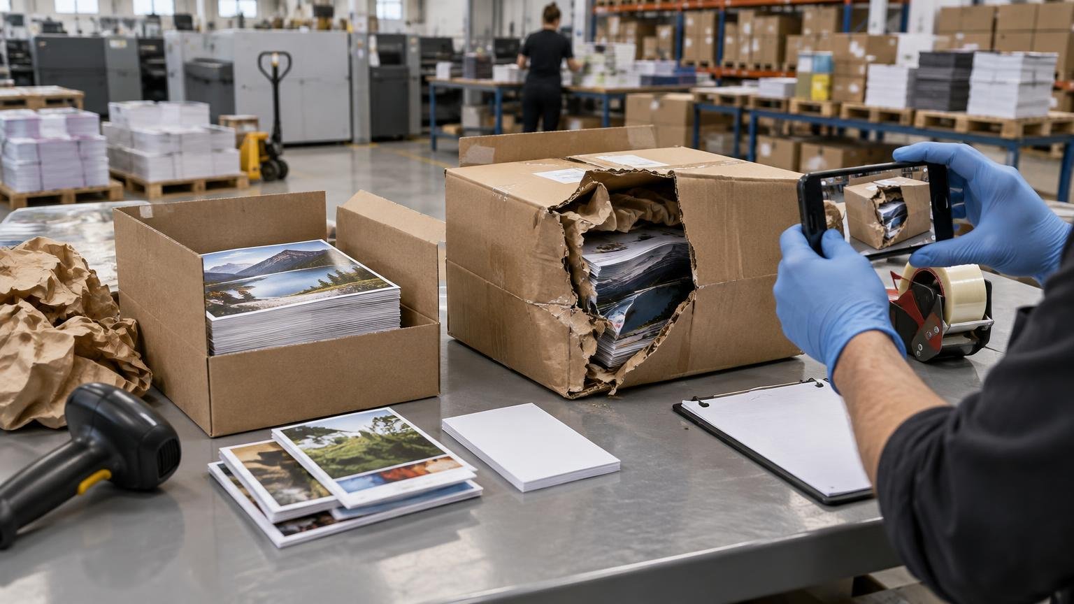 Gloved worker photographs a torn cardboard shipping box filled with bent stacks of printed photo cards on a fulfillment worktable, with pallets and print-production equipment in the background.