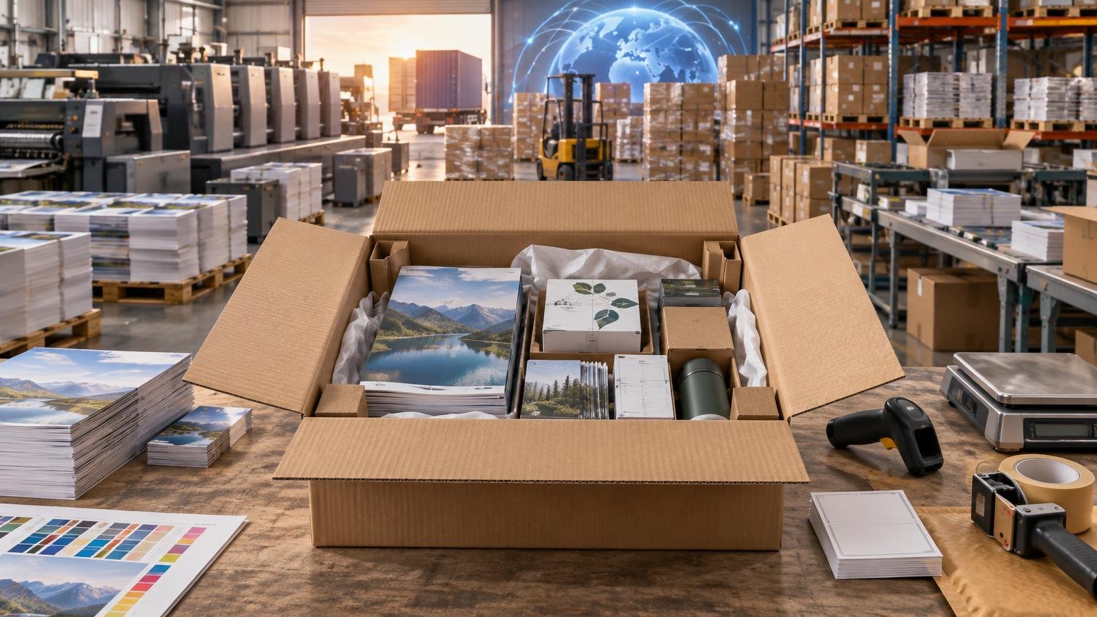 Open cardboard fulfillment box holding printed brochures, small cartons, and a reusable bottle on a worktable in a busy print warehouse, with presses, pallets, a forklift, stacked boxes, and a glowing world-map graphic in the background.