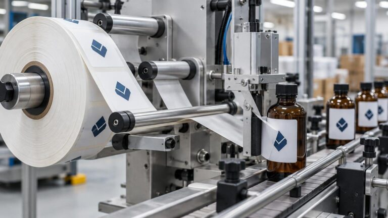 Close-up of a label applicator feeding a roll of white die-cut labels onto amber bottles moving along a stainless-steel conveyor in a production facility.
