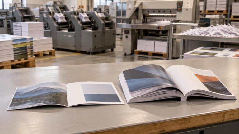 Two open photo booklets on a print-shop worktable: a thin stapled booklet at left and a thick square-spined book at right, with stacks of printed sheets and finishing equipment behind them.