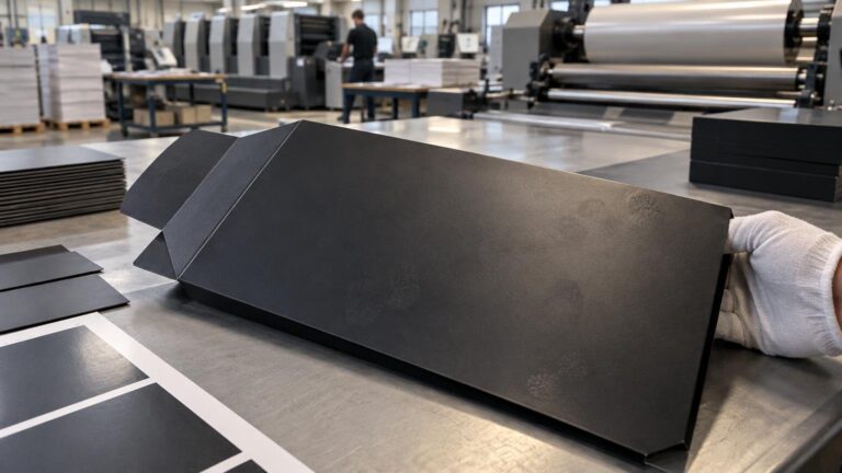 Gloved worker holds a large matte-black folded carton or packaging sleeve on a metal worktable in a commercial print-finishing facility, with presses, rollers, stacked sheets, and dark finished pieces in the background.