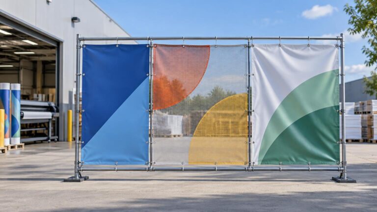 Three colorful outdoor banner panels—solid blue, perforated mesh with orange and yellow shapes, and a wrinkled white-and-green panel—are secured in a metal frame outside a print shop.