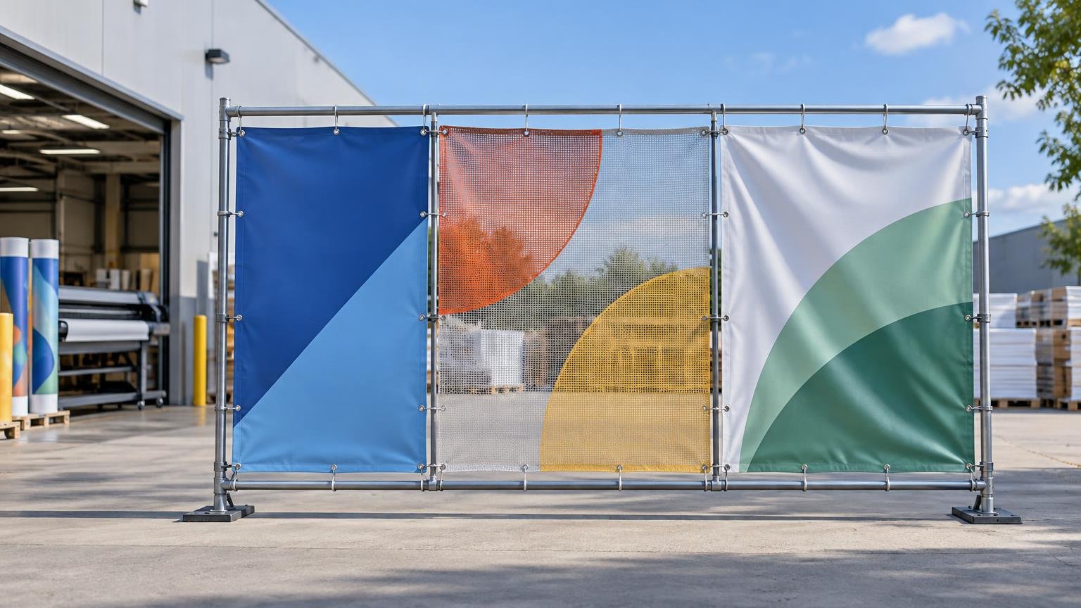 Three colorful outdoor banner panels—solid blue, perforated mesh with orange and yellow shapes, and a wrinkled white-and-green panel—are secured in a metal frame outside a print shop.